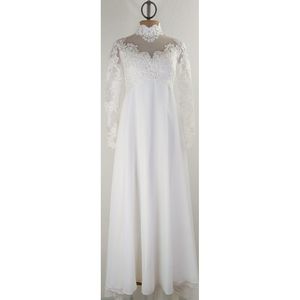 Vintage Lace Embroidered High Collar A-Line Chiffon Victorian Wedding Dress
